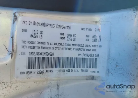 2001 Dodge Stratus Se z USA, uszkodzony, nr VIN 1B3EJ46XX1N580328